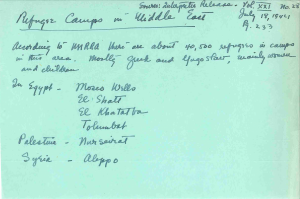 ملاحظة مكتوبة بخط اليد من أرشيف MERRA تضهر انها كانت تشرف على أكثر من 40،000 لاجئ، معظمهم من النساء والأطفال، في مخيمات اللاجئين في منطقة الشرق الأوسط وشمال أفريقيا اعتبارا من يوليو/حزيران 1944.