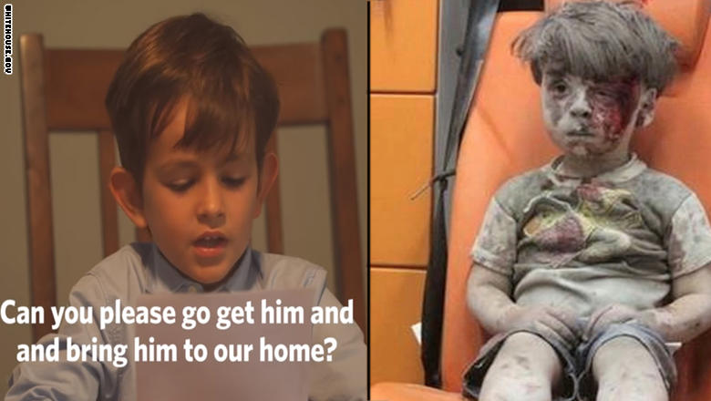 طفل أمريكي في السادسة من العمر برسالة لأوباما: هل تذكر عمران السوري؟ فلتأت به إلينا.. نحن سنوفر له عائلة